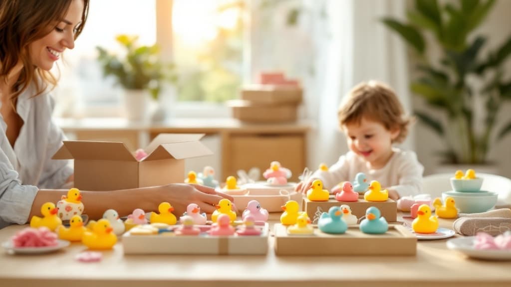 Colorful themed bath toys arranged in a curated collection